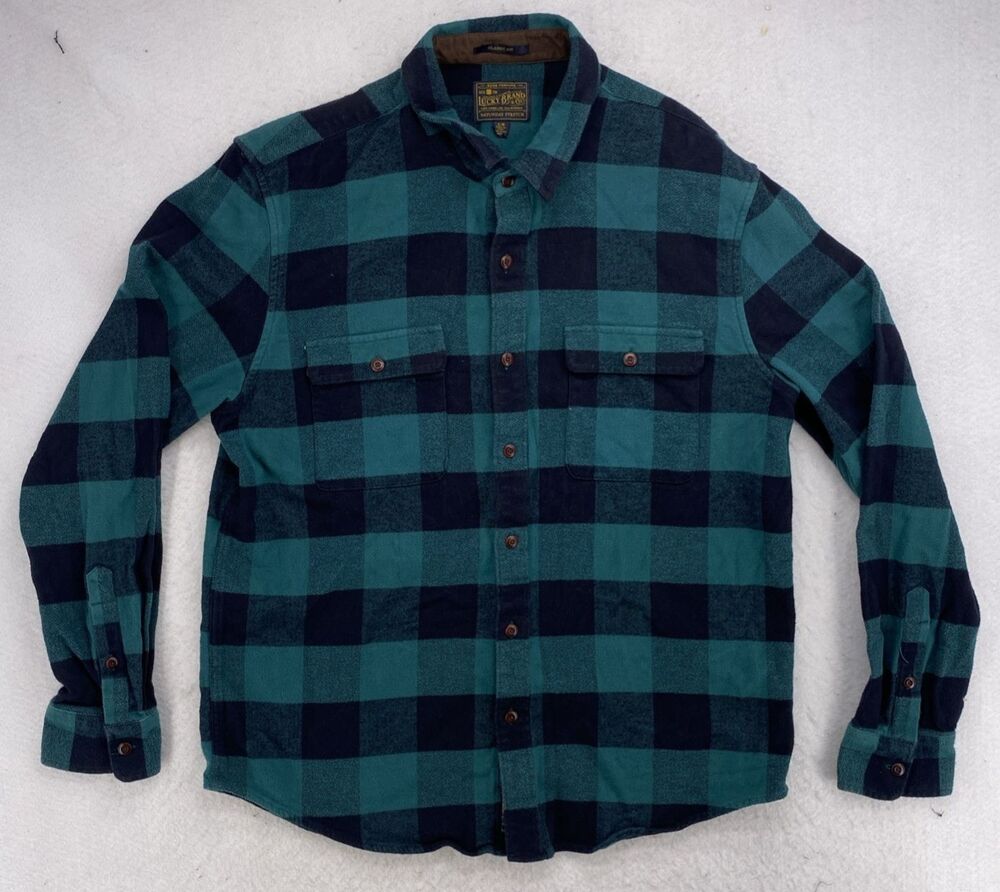 Lucky Brand Saturday Stretch Flannel Shirt Men's XL Green Buffalo Plaid Cotton